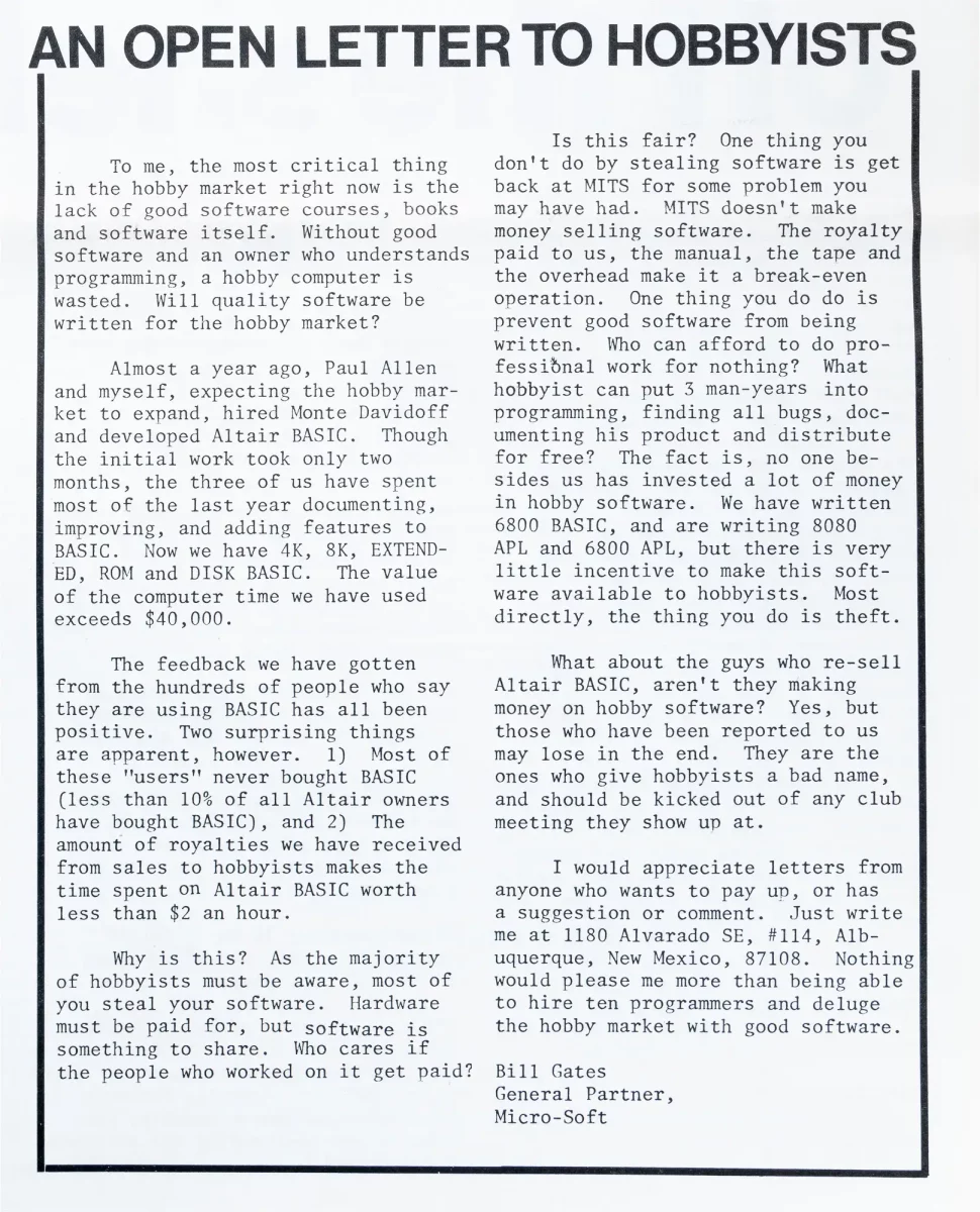 
bill gates an open letter to hobbyists